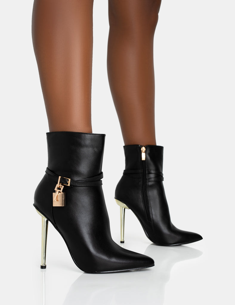 Public Desire Orla Metallic Gold Heel Ankle Boots In Black Faux Suede