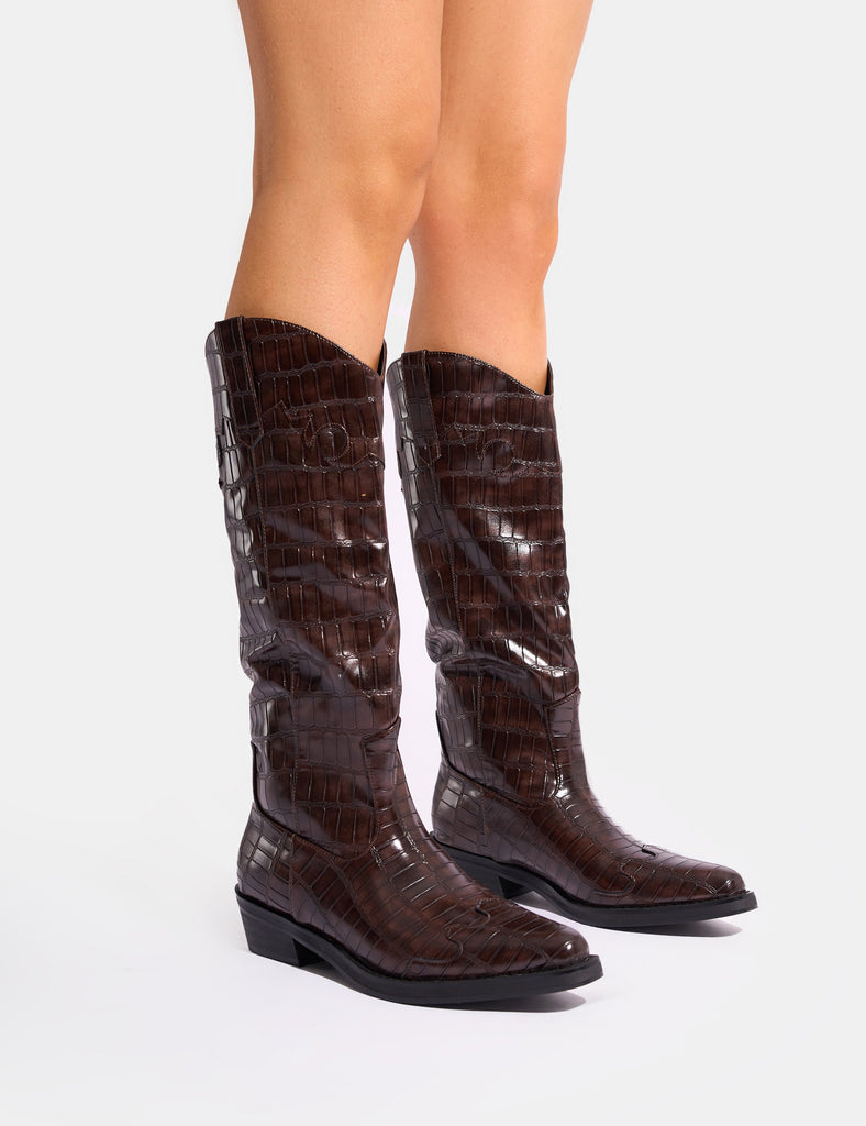 Apollo Brown Croc Wide Fit Flat Western Knee High Boots | Public 