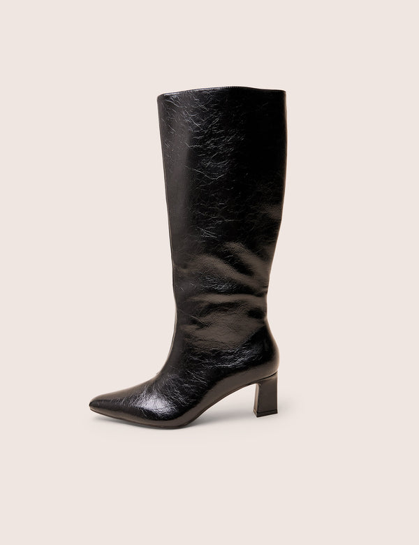 Boomer Black Crinkle Pu  Pointed Toe Knee High Mid Heel Boots