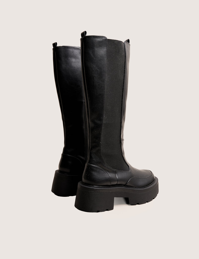 Evergreen Black Pu Knee High Elasticated Detail Chunky Heeled Sole