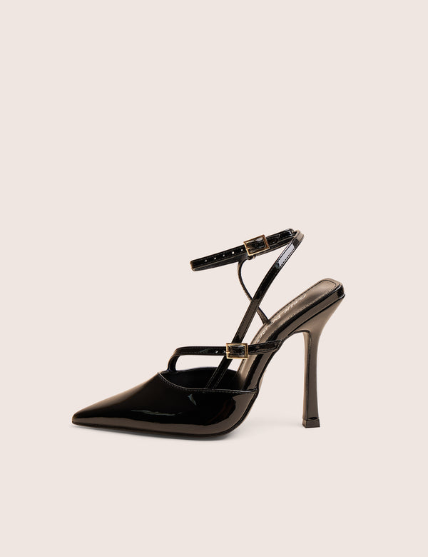 Idol Black Patent Buckle Strappy Detail Stiletto Pointed to Court High Heels
