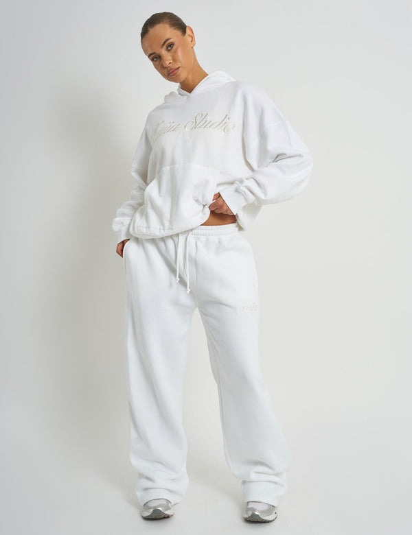 Kaiia Script Logo Wide Leg Joggers White