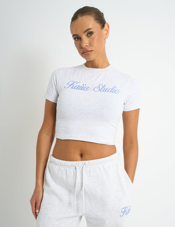 Kaiia Script Logo Baby Tee Light Grey Marl & Vintage Blue