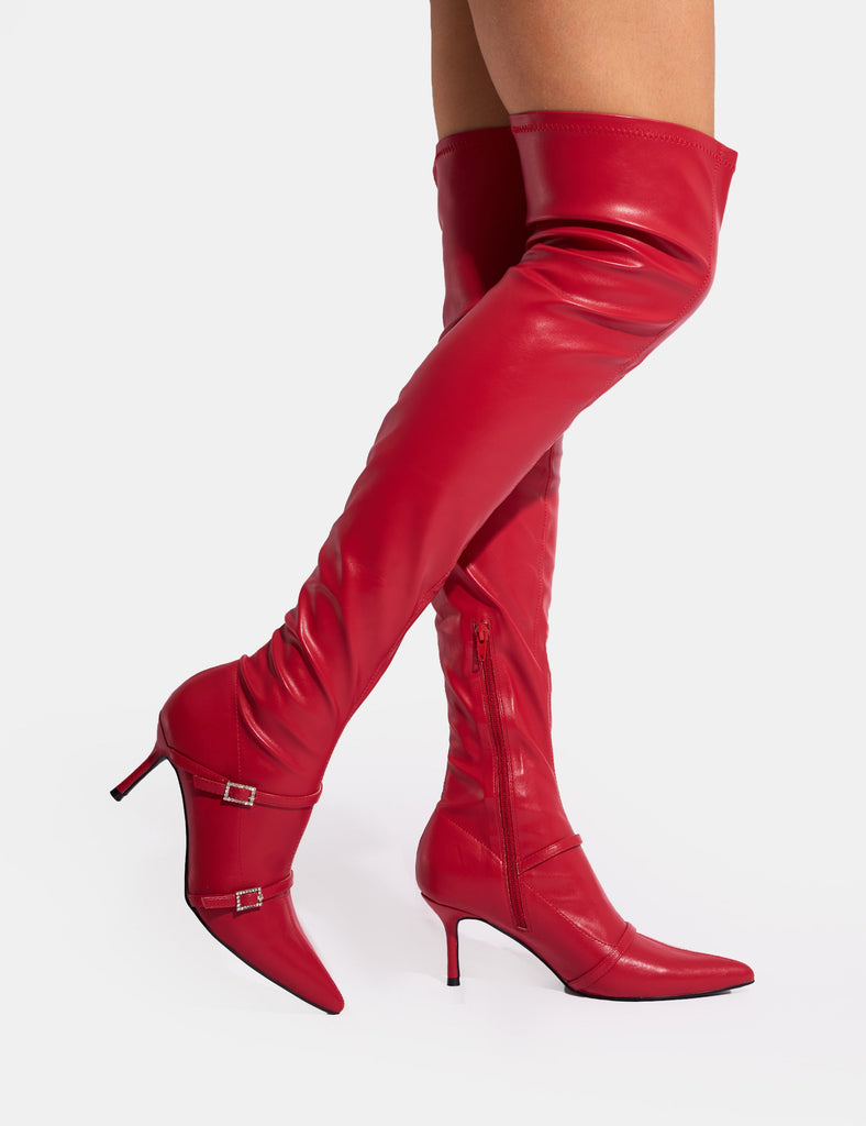 Red thigh high lace up boots on sale