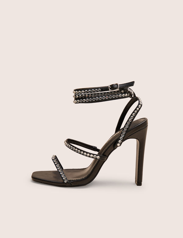 Ultra Chic Wide Fit Black Diamante Strappy Slim Block Illusion Heel