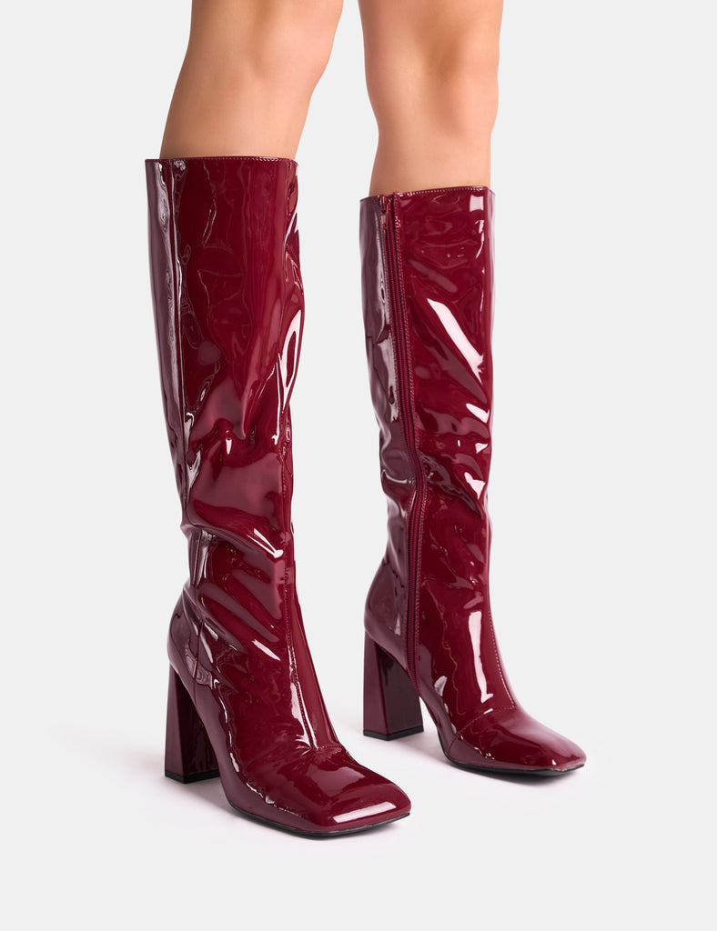 Zoya Burgundy Patent Slant Toe Block Heel Knee High Sock