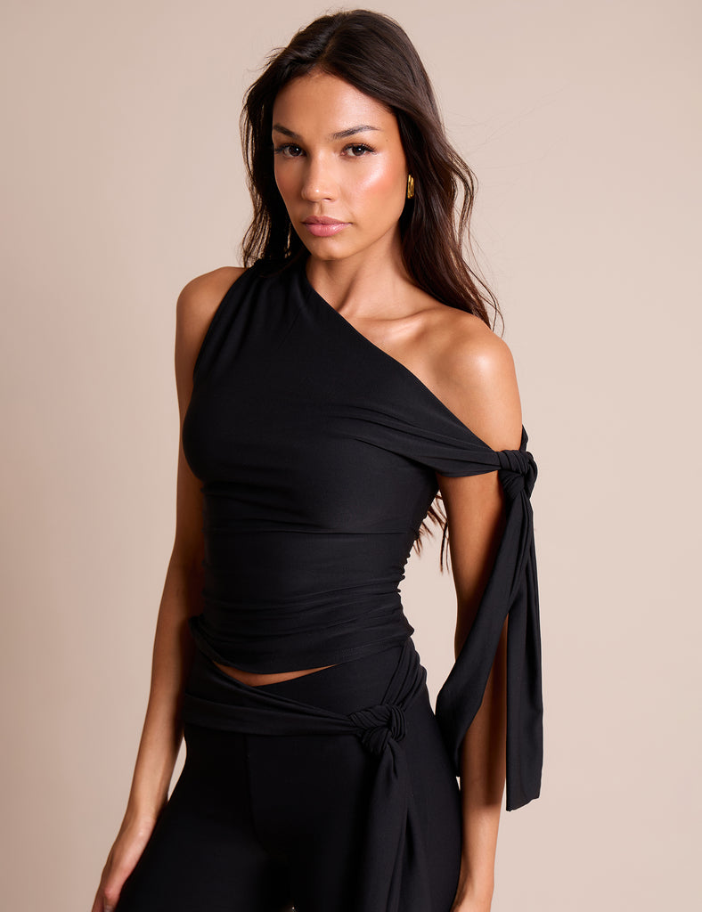 トップス liten Sheer Scalpture Tops black Knot Detail Asymmetric One Shoulder Luxe Slinky Top Black