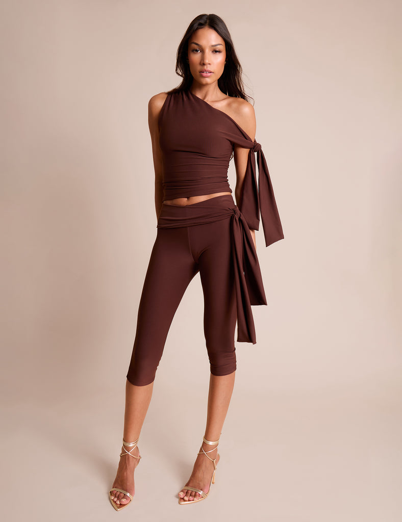 Knot Detail Asymmetric One Shoulder Luxe Slinky Top