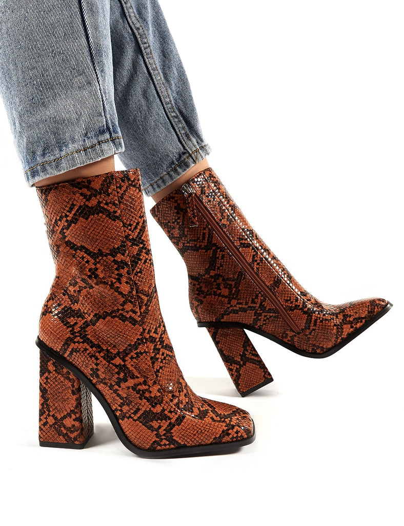 Slick Tan Snakeskin Square Toe Block Heeled Ankle Boots Public Desire