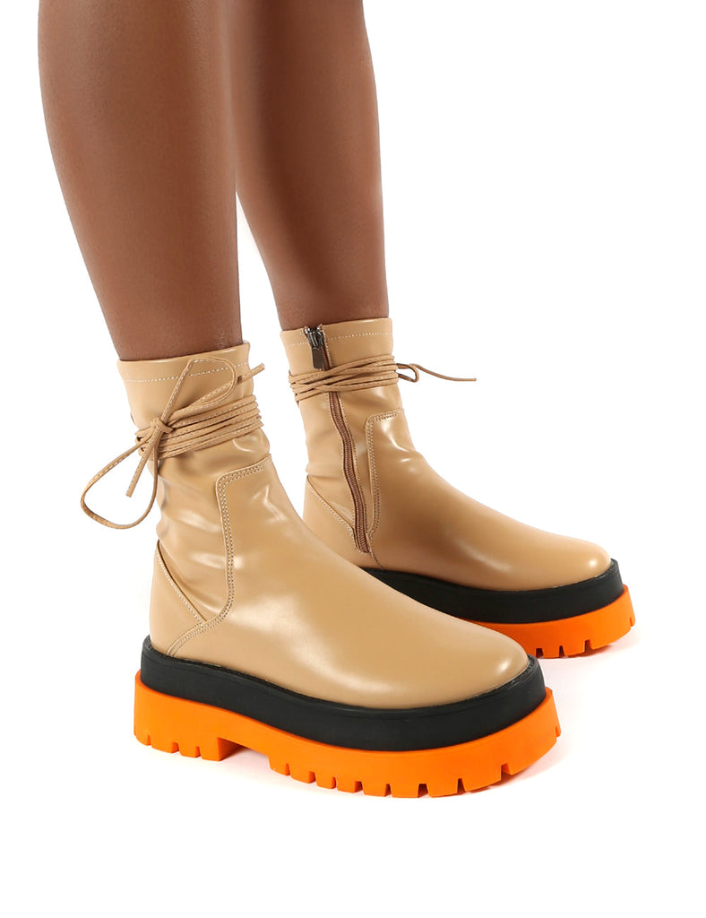 Finale Camel Pu Multi Chunky Sole Ankle Wrap Boots | Public Desire