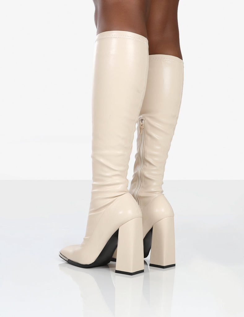 Caryn Stone PU Knee High Heeled Boots | Public Desire