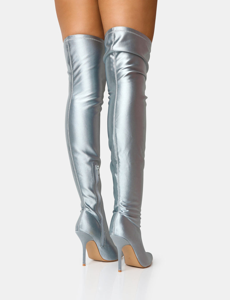 Instinct Silver Lycra Pointed Toe Stiletto Over The Knee Boots