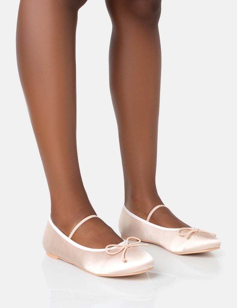 Alexa Baby Pink Satin Elasticated Bow Detailed Ballet Flats - Main Image