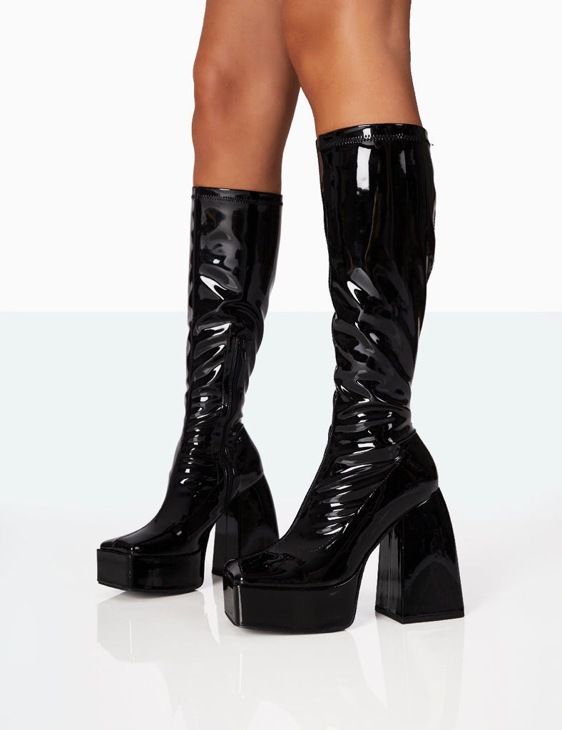 Heartbeat Wide Fit Black Patent Chunky Square Toe Platform Block Knee ...
