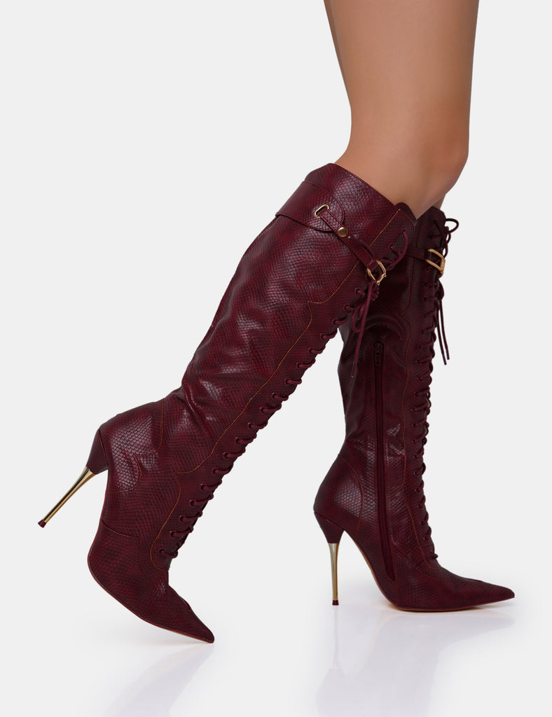 Infatuated Burgundy Croc Lace Up Buckle Feature Pointed Toe Gold Stiletto  Knee High Boots | Public Desire