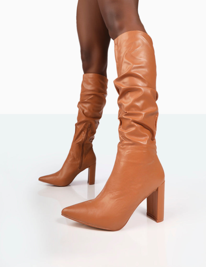 Kortfattet Miljøvenlig Udsæt Mine Caramel PU Pointed Toe Heeled Knee High Boots | Public Desire