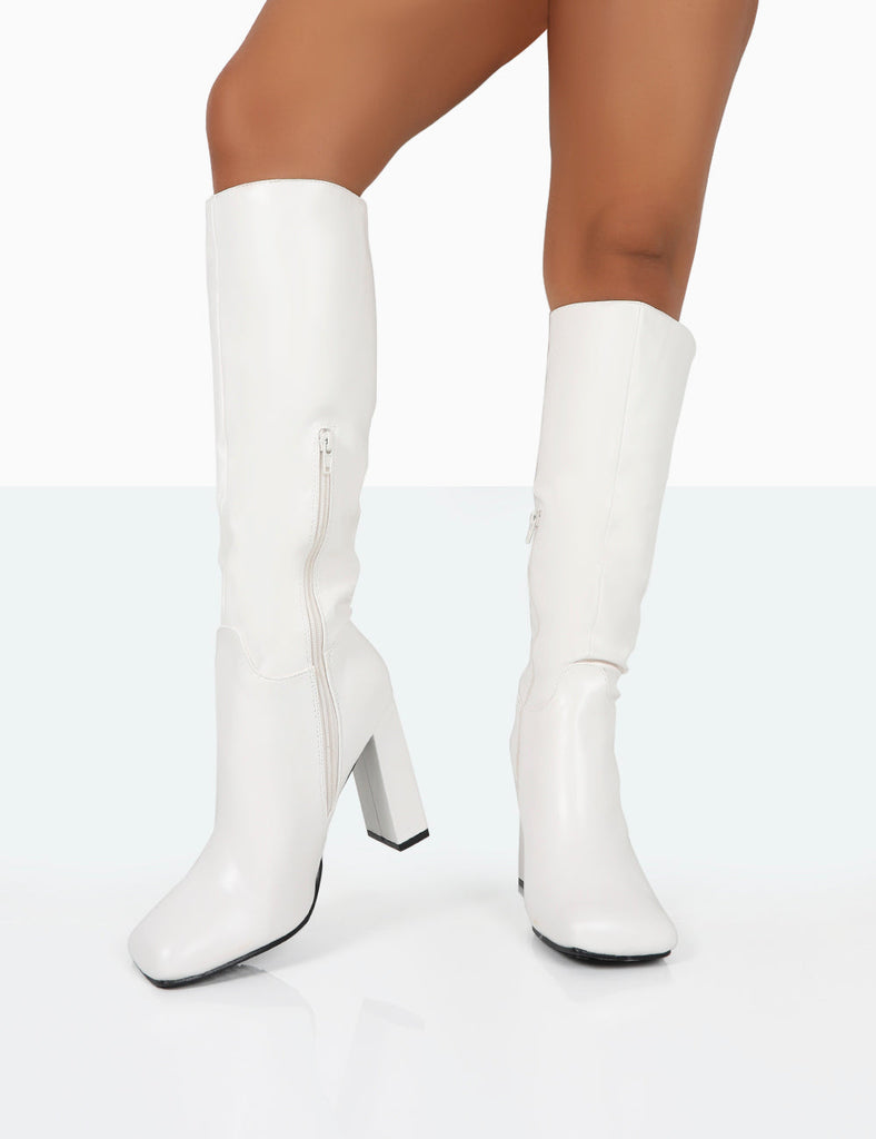 Gia Ecru Box PU Square Toe Block Heel Knee High Boots | Public Desire