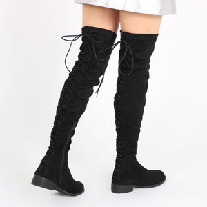 Arya Lace Up Back Flat Long Boots in Black Faux Suede
