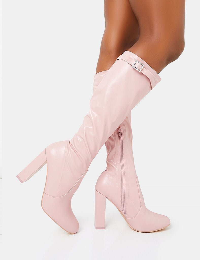 First Class Dusty Pink Pu Diamante Buckle Strap Detail Rounded Toe Knee High Block Heeled Boots