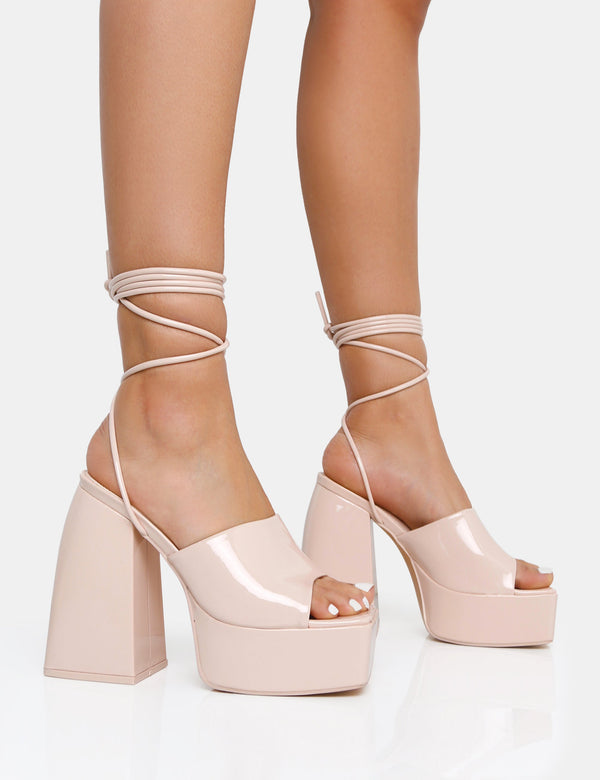 Orchid Nude Patent Lace Up Mule Square Toe Platform Block Heels
