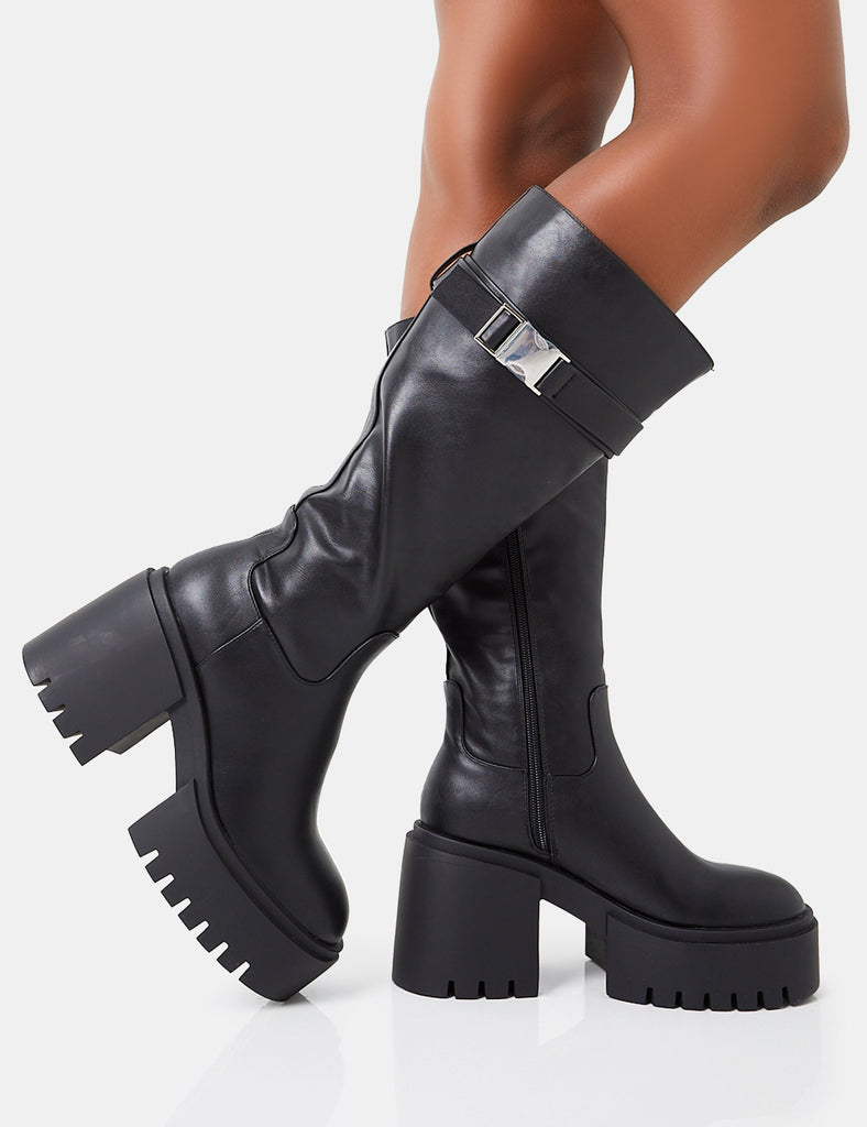 Alaska Black Pu Calf Strap Buckle Detailed Knee High Chunky Sole