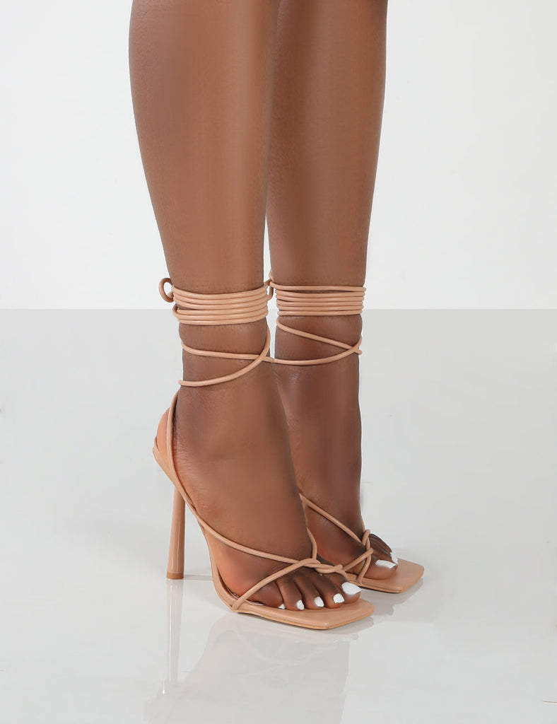 Lacey Nude PU Square Toe Strappy Lace Up Heels