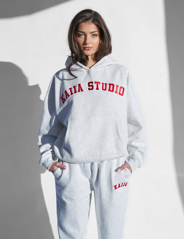 Kaiia Studio Hoodie Light Grey Marl and Red