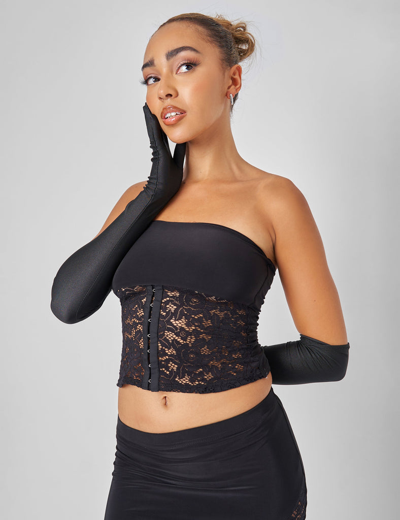 Public Desire lace hook and eye bandeau top co-ord in black