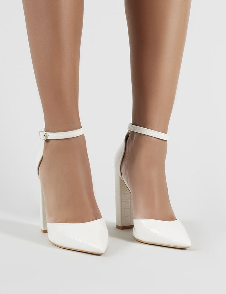 Sofia Pointed Block Heels in White Croc | Public Desire