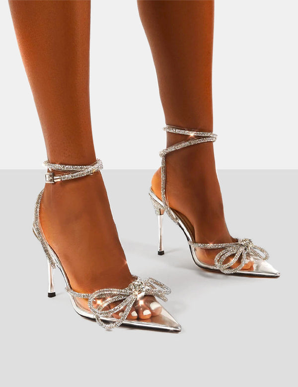Midnight Clear Perspex Wide Fit Wrap Around Sparkly Bow High Heel