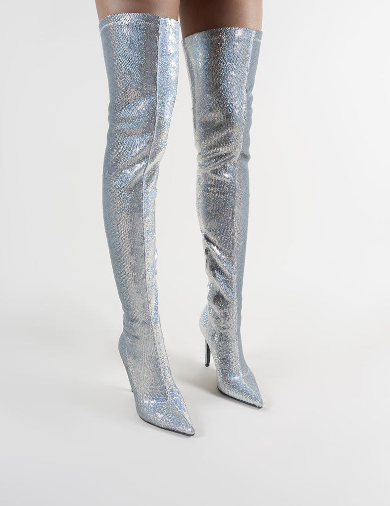 Sparkly Silver Dress with Over the Knee Boots — bows & sequins