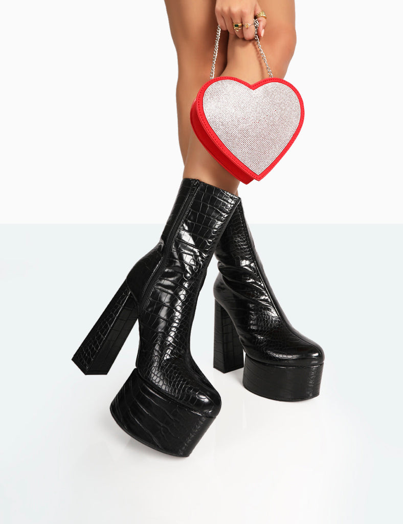 Parker Black Croc Patent Pu Platform Stiletto Ankle Boots | Public Desire