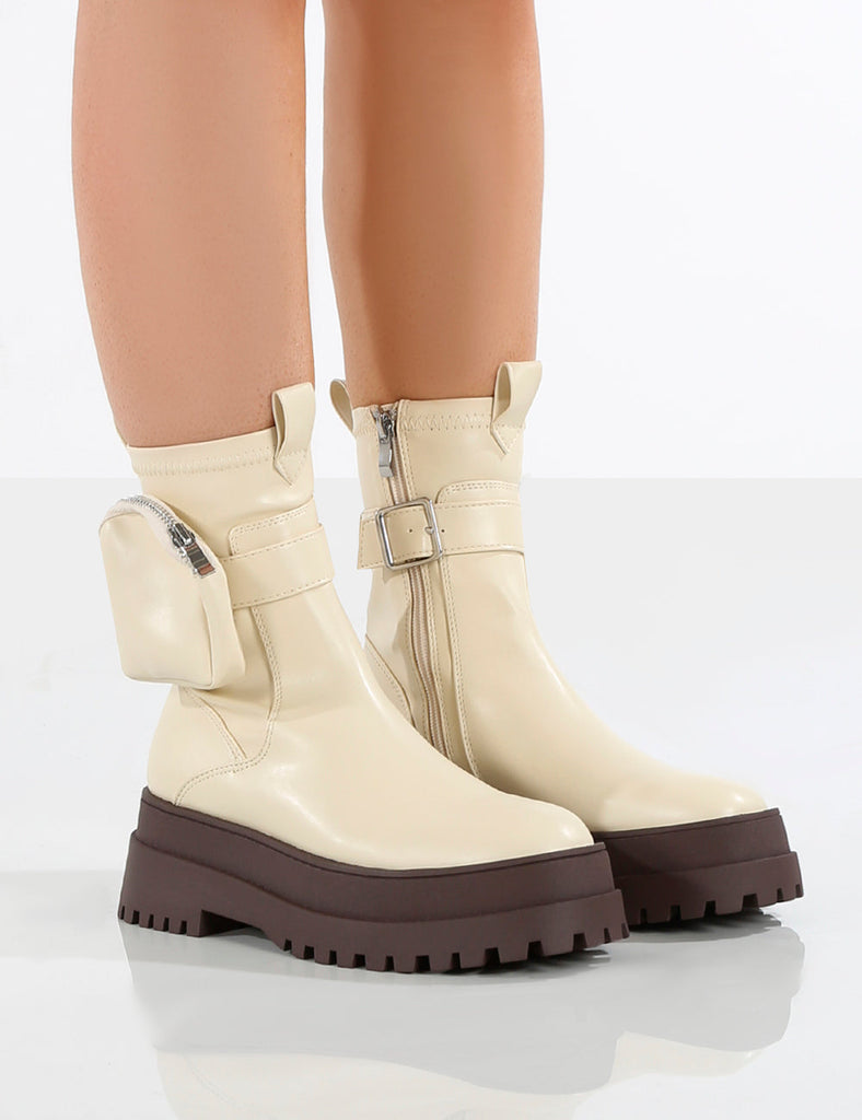 Amber x Public Desire Thought Ecru PU Chocolate Chunky Sole Ankle Boot |  Public Desire
