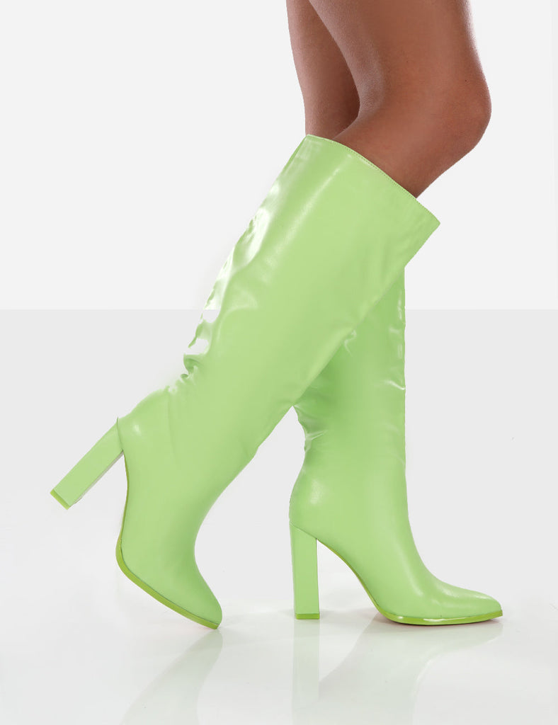Far Away Lime Grain PU Square Toe Knee High Boots | Public