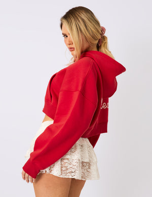 Kaiia Rodeo Logo Cropped Oversized Hoodie Red