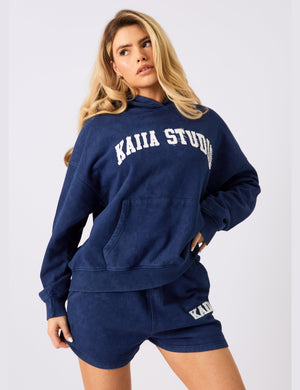 Kaiia Studio Applique Logo Oversized Hoodie Denim Blue