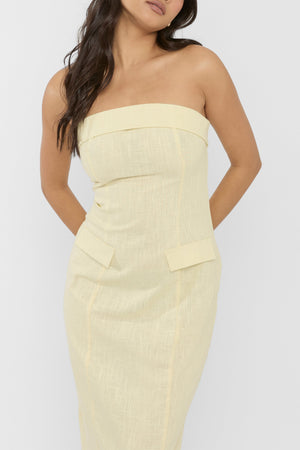 Linen Look Tailored Fold Over Bandeau Pocket Detail Midi Dress Yellow