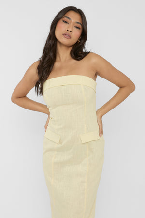 Linen Look Tailored Fold Over Bandeau Pocket Detail Midi Dress Yellow