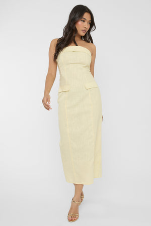 Linen Look Tailored Fold Over Bandeau Pocket Detail Midi Dress Yellow