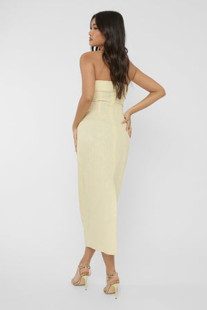 Linen Look Tailored Fold Over Bandeau Pocket Detail Midi Dress Yellow