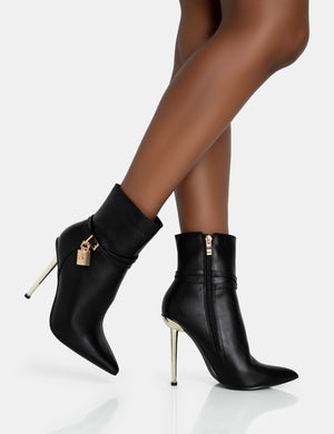 Jalan Black Pu Padlock Detail Pointed Toe Gold Stiletto Heel Ankle Boots