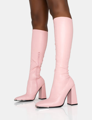 Caryn Baby Pink Pu Knee High Block Heeled Boots