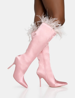 Baddie Baby Pink Satin Feather Pointed Court Stiletto Knee High Boots