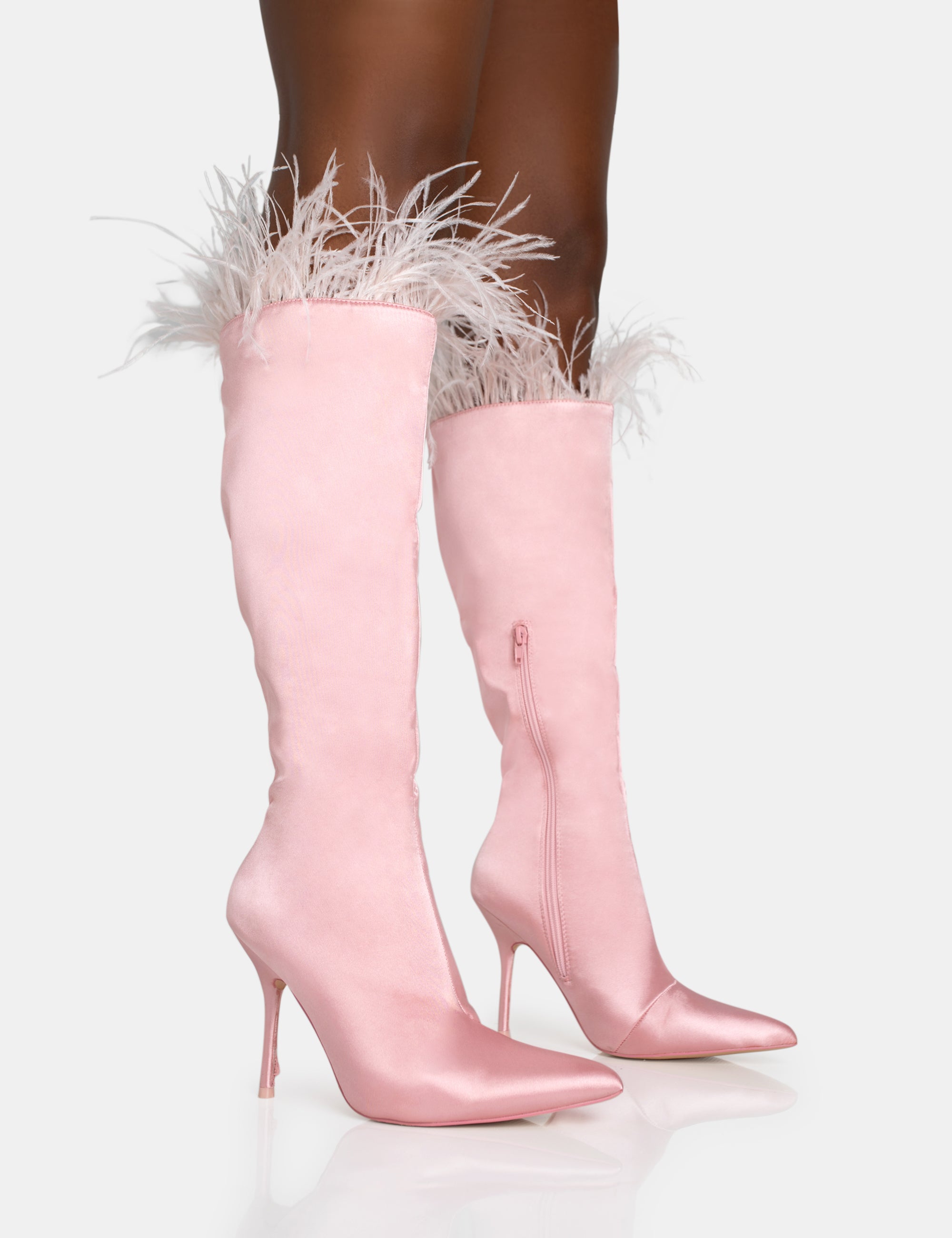Baddie Baby Pink Satin Feather Pointed Toe Stiletto Knee High