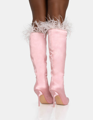 Baddie Baby Pink Satin Feather Pointed Court Stiletto Knee High Boots