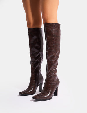 Acquilla Brown Croc Knee High Flared Heel Boots