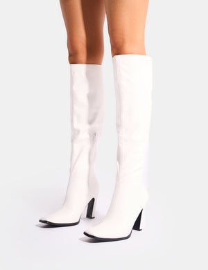 Acquilla White Knee High Flared Boots