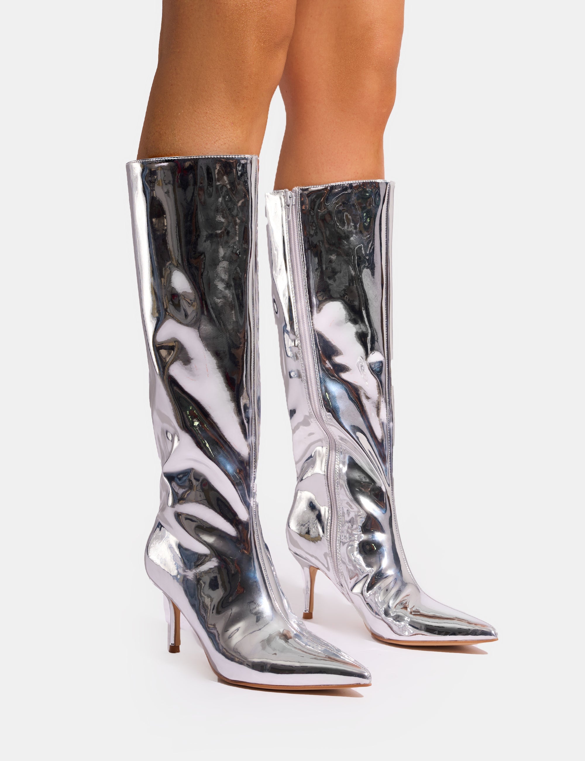 Amped Mirror Silver Pointed Toe Mid Heel Knee High Boots | Public