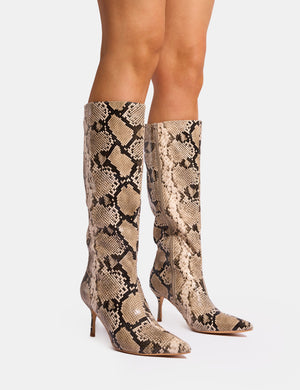 Amped Snake Pointed Toe Mid Heel Knee High Boots Public Desire