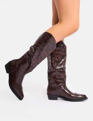 Apollo Brown Croc Flat Western Knee High Boots